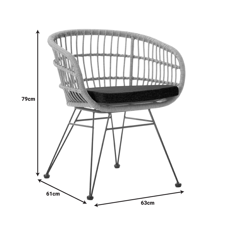 Naoki pakoworld fotel me jastëk pe rattan në nuancë natyrale dhe këmbë metalike të zeza 63x61x79cm