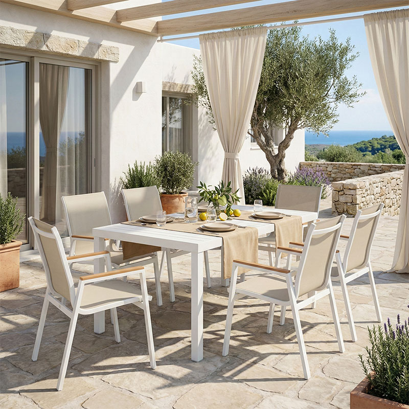Set ngrënieje Azelie-Kliton II pakoworld prej 7 copash stof gri-alumini i bardhë 150x80x74cm