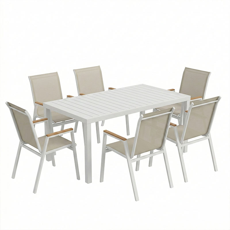 Tavolinë ngrënieje Kliton - Azelie set me 7 pakoworld alumini në nuancë të bardhë 150x80x74cm
