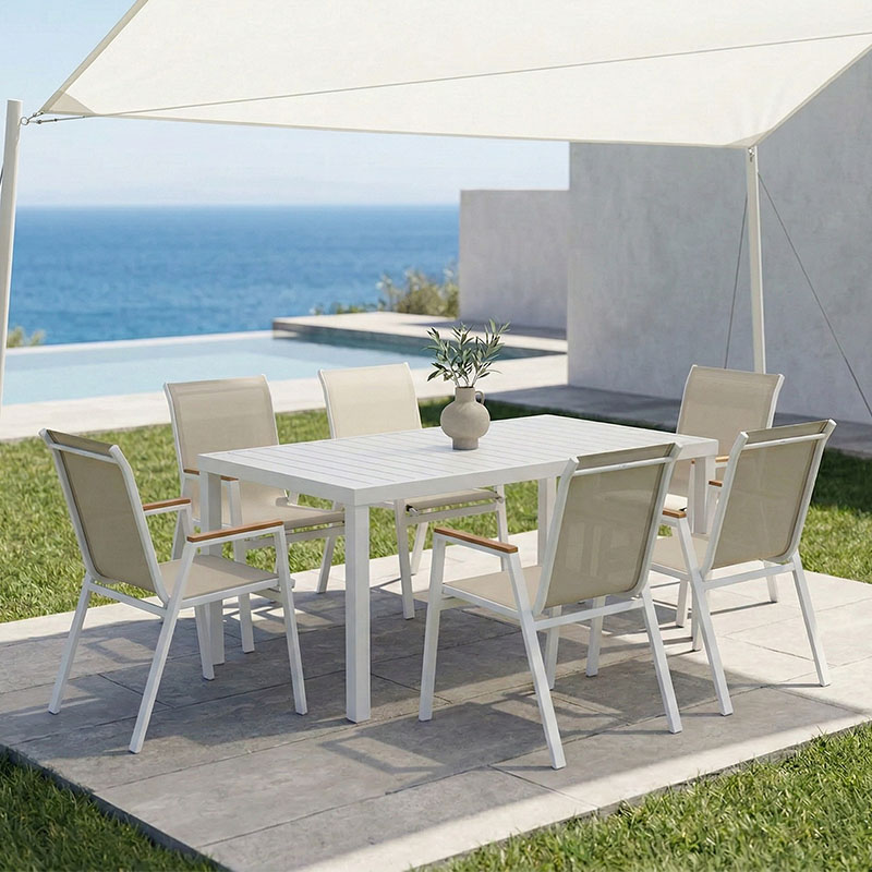 Tavolinë ngrënieje Kliton - Azelie set me 7 pakoworld alumini në nuancë të bardhë 150x80x74cm