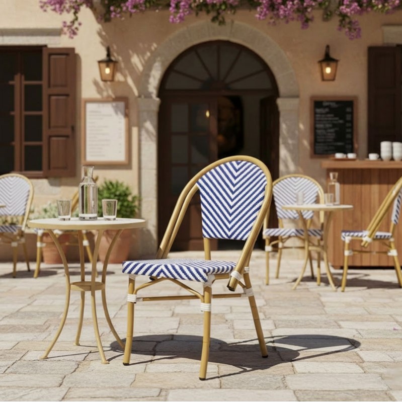 Karrige Uarmin pakoworld stivë alumini natyral-blu dhe rattan pe i bardhë 46x57x85cm