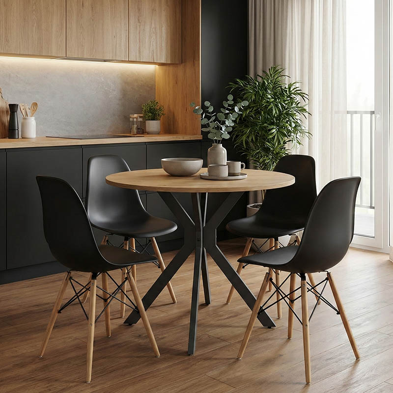 Tavolinë Xuson pakoworld mdf natyral-këmbë metalike të zeza D80x75cm