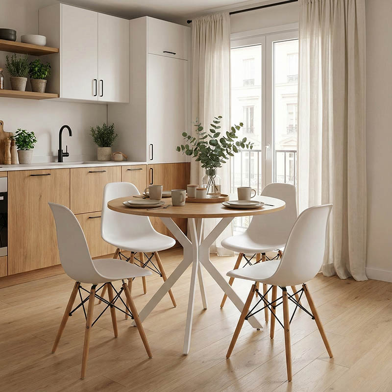 Tavolinë Xuson pakoworld mdf natyral-këmbë metalike të bardha D80x75cm