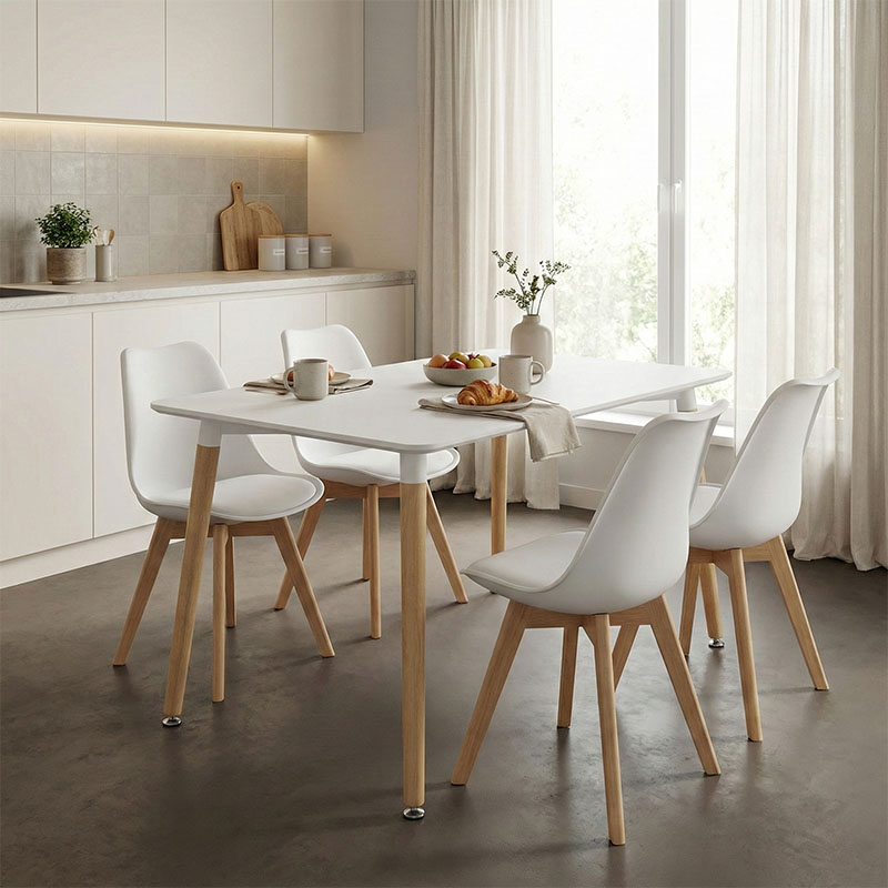 Tavolinë ngrënieje Natali MDF sipërfaqe e bardhë-këmbë ngjyrë natyrale 120x80x76cm