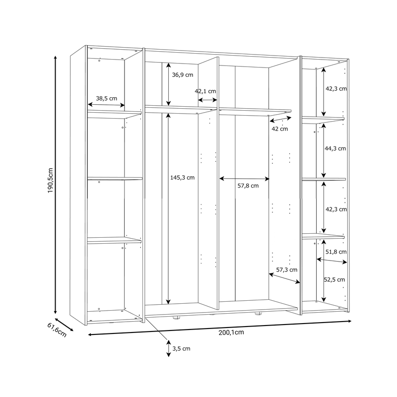 Dollap garderobe pakoworld me 4 dyer sonoma lis-melaminë e bardhë 200x61.5x190.5cm