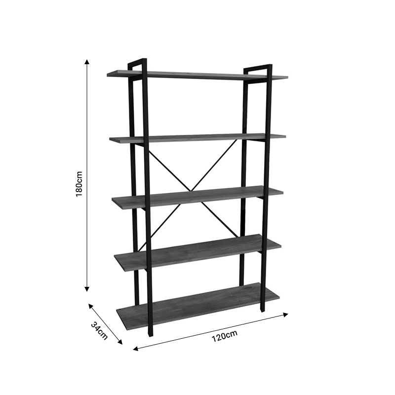 Bibliotekë Reson pakoworld melamine antracit-metal i zi 120x34x180cm