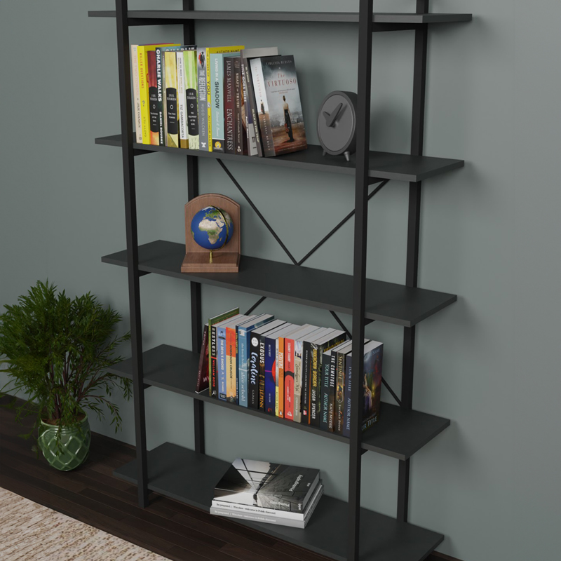 Bibliotekë Reson pakoworld melamine antracit-metal i zi 120x34x180cm