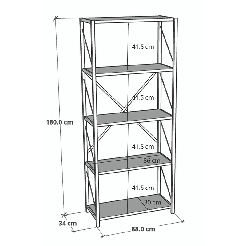 Bibliotekë Tikilmo pakoworld melaminë lisi-metal i zi 88x34x180cm