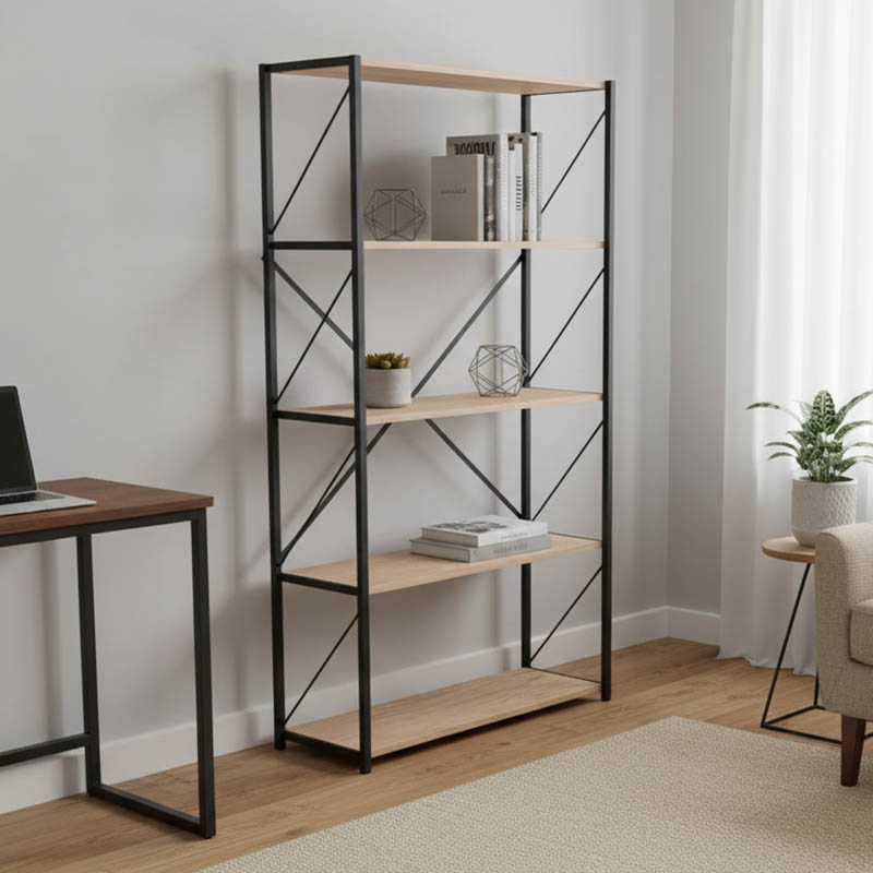 Bibliotekë Tikilmo pakoworld melaminë lisi-metal i zi 88x34x180cm