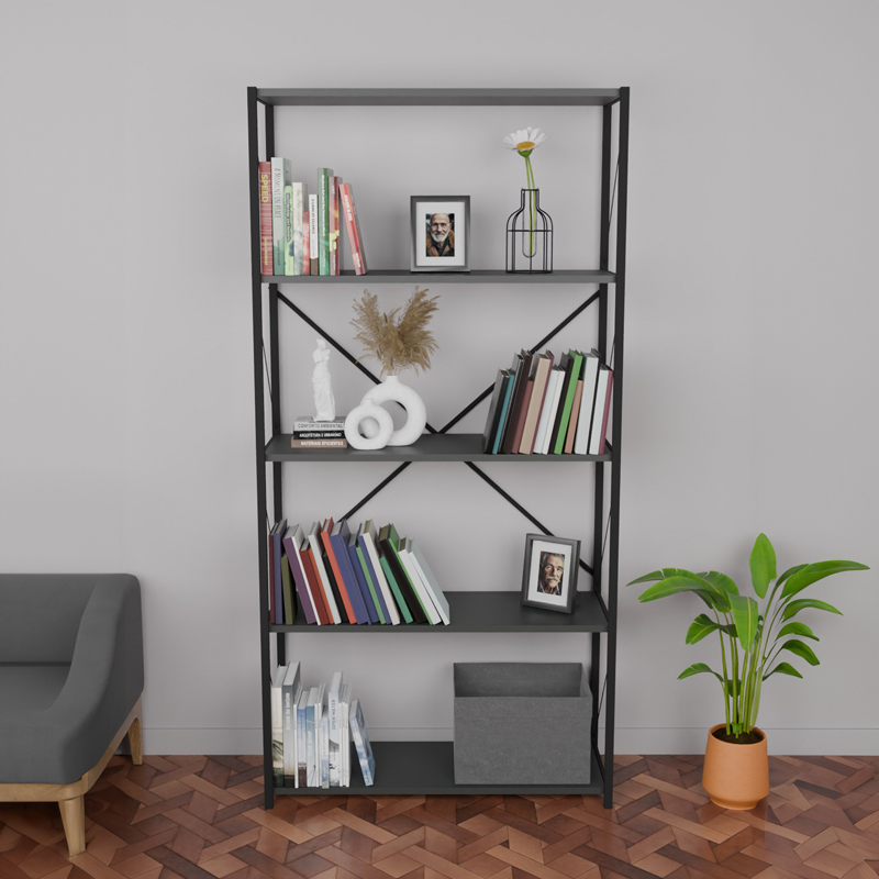Bibliotekë Tikilmo pakoworld melaminë antracit-metal i zi 88x34x180cm