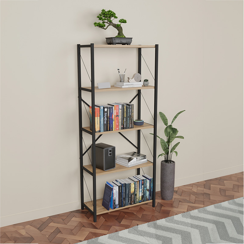 Bibliotekë Draizy pakoworld melaminë lisi-metal i zi 63x30x150cm