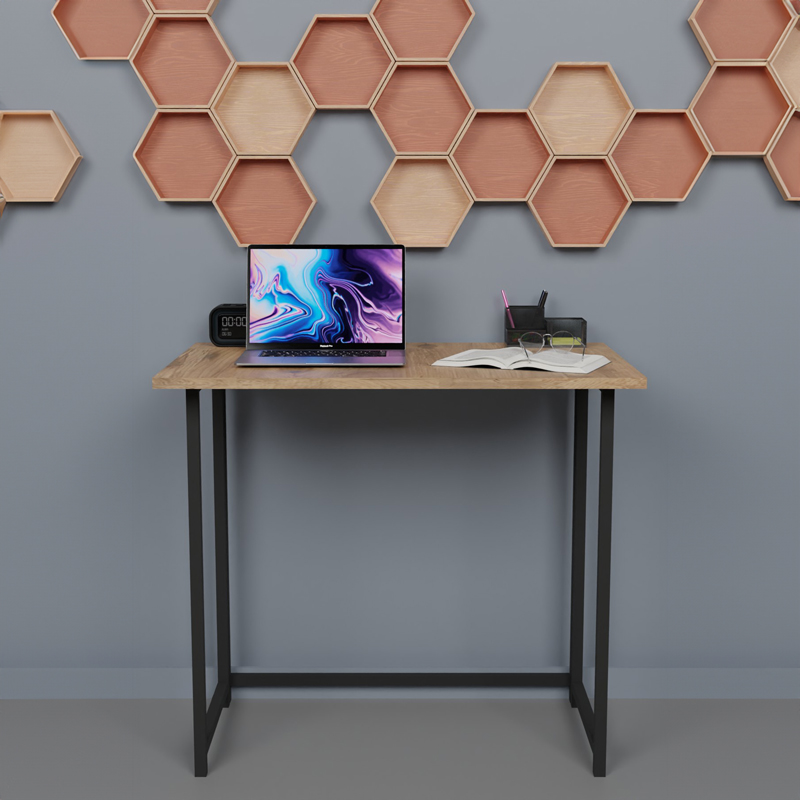 Tavolinë zyre muri e palosshme Thox pakoworld melaminë lisi-metal i zi 80x50x72cm