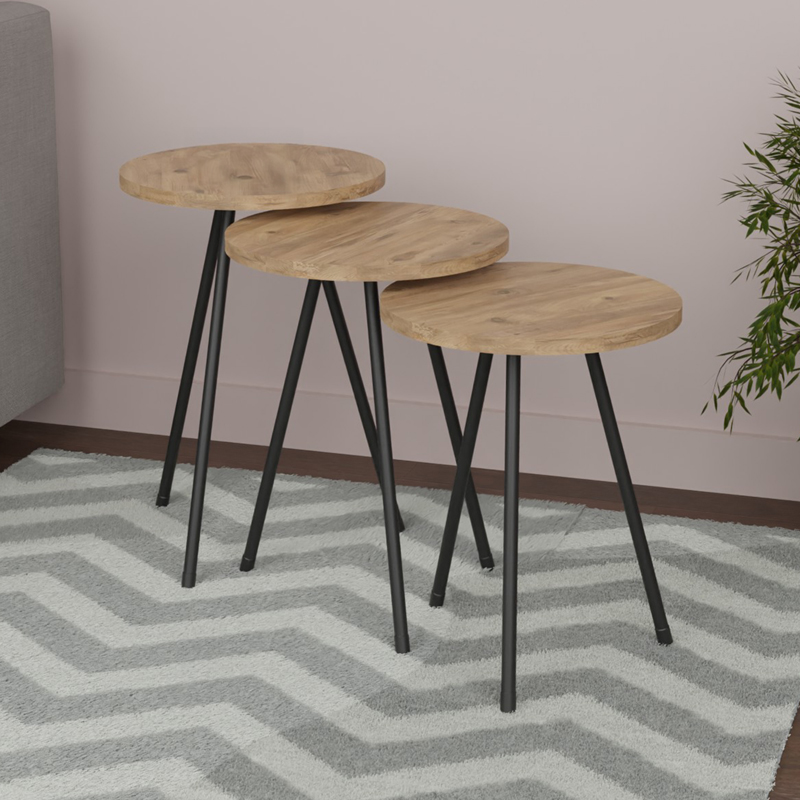 Set tavolinash kafeje Sebko pakoworld 3 copë melamine lisi-metal i zi