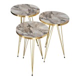 Tavolina anësore Wakmi pakoworld set 3 copë melamine mermer gri bezhë-metal i artë