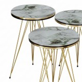 Tavolina anësore Wakmi pakoworld set 3 copë mermer i bardhë bezhë melamine-metal i artë