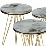 Tavolina anësore Wakmi pakoworld set 3 copë mermer i bardhë bezhë melamine-metal i artë