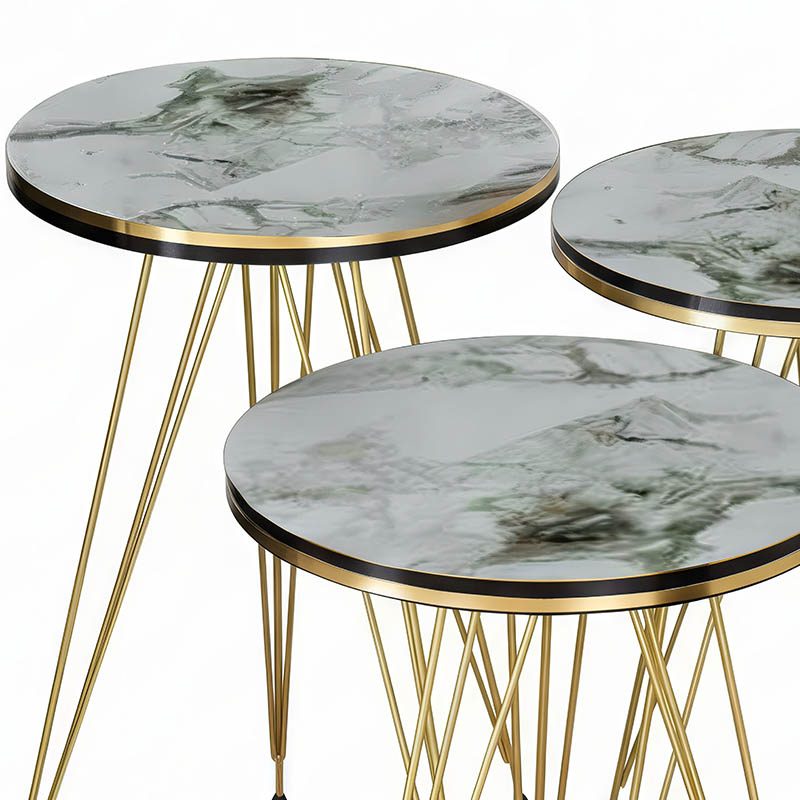 Tavolina anësore Wakmi pakoworld set 3 copë mermer i bardhë bezhë melamine-metal i artë