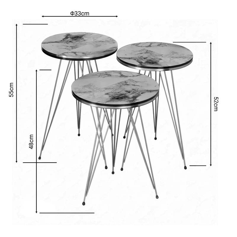 Tavolina anësore Wakmi pakoworld set 3 copë mermer i bardhë bezhë melamine-metal i artë