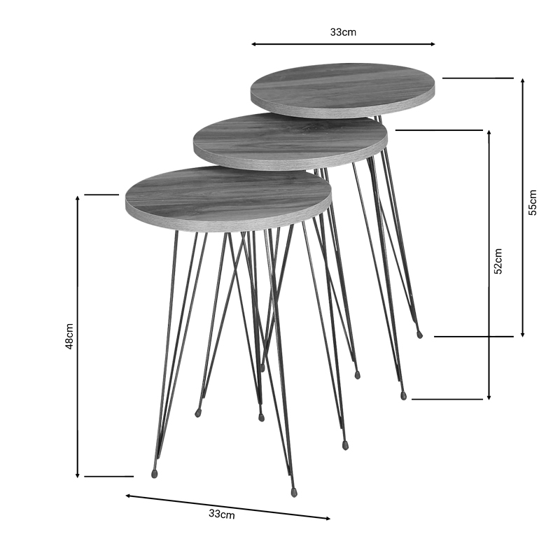 Tavolina anësore Wakmi pakoworld set 3 copë melamine natyrale-metal i zi