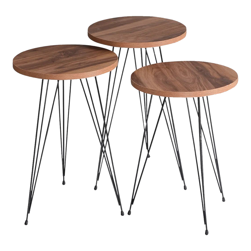 Tavolina anësore Wakmi pakoworld set 3 copë melamine natyrale-metal i zi