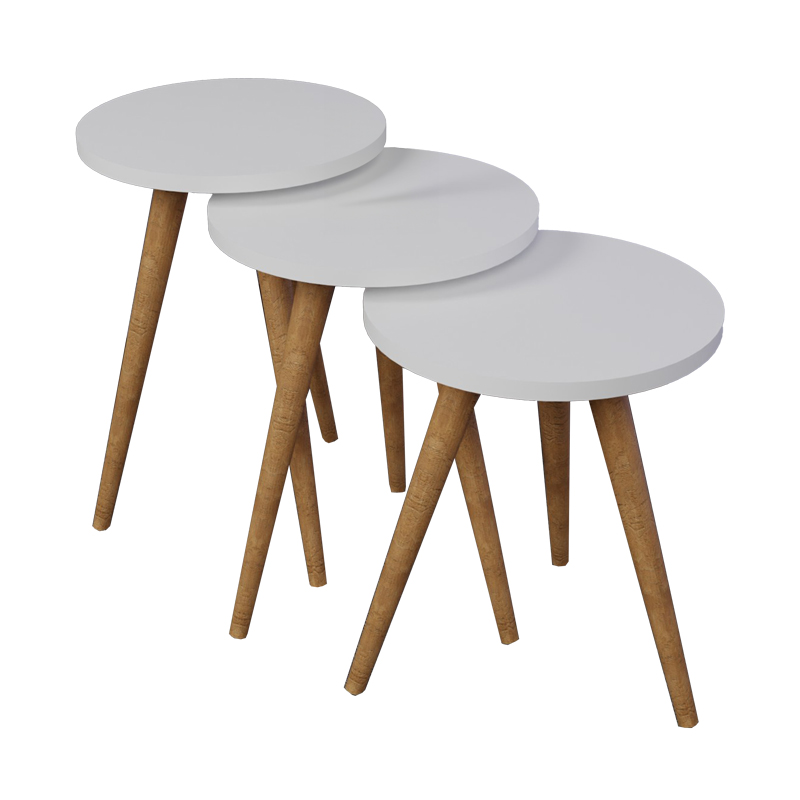 Tavolina anësore Perjene pakoworld set prej 3 copash melamine në nuancë të bardhë dhe këmbë druri