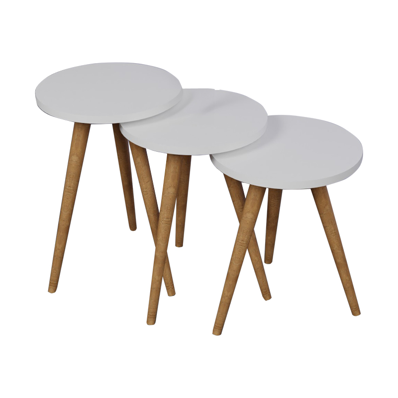 Tavolina anësore Perjene pakoworld set prej 3 copash melamine në nuancë të bardhë dhe këmbë druri