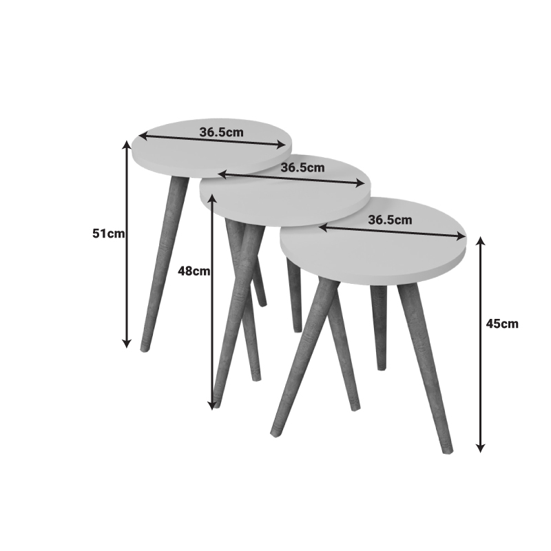Tavolina anësore Perjene pakoworld set prej 3 copash melamine në nuancë të bardhë dhe këmbë druri