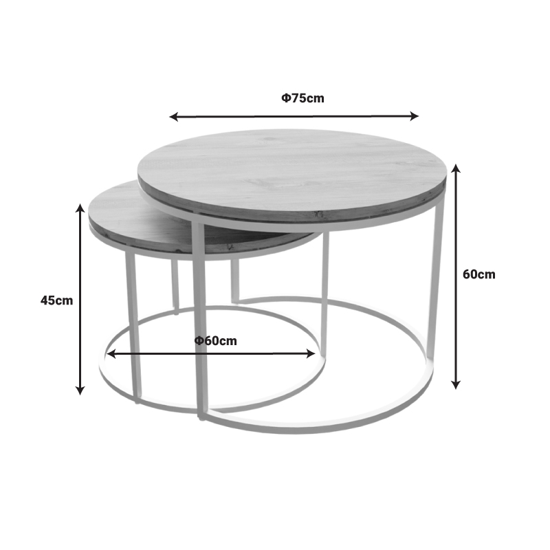 Solme pakoworld set tavolinash kafeje me 2 metal të bardhë dhe melamine në nuancë natyrale