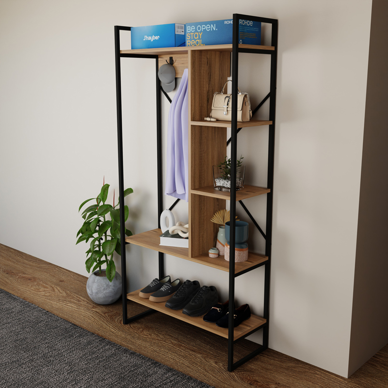 Mobilje hyrje Feranda pakoworld me rafte lisi dhe kornizë metalike të zezë 88x34x180cm