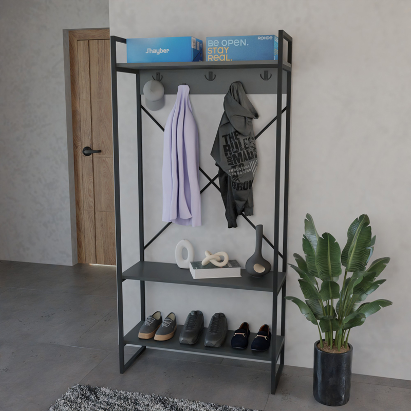 Mobilje hyrje Levento pakoworld antracit me kornizë metalike të zezë 88x34x180cm