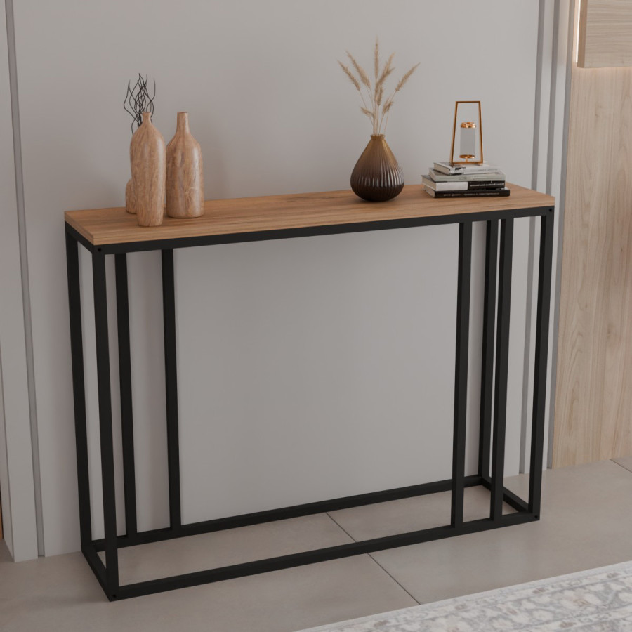 Tavolinë konsol Cansbia pakoworld OAK me metal të zi 100x25x75cm