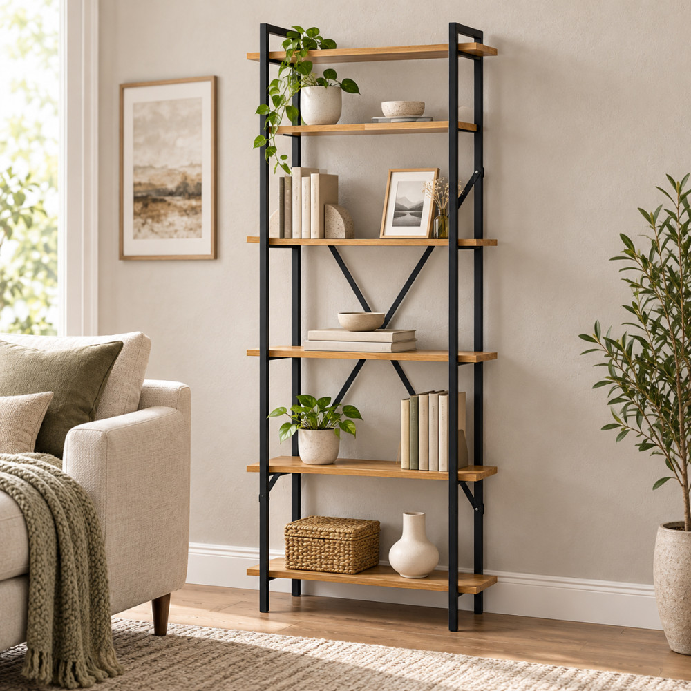 Bibliotekë Derena pakoworld OAK me metal të zi 60x29x160cm