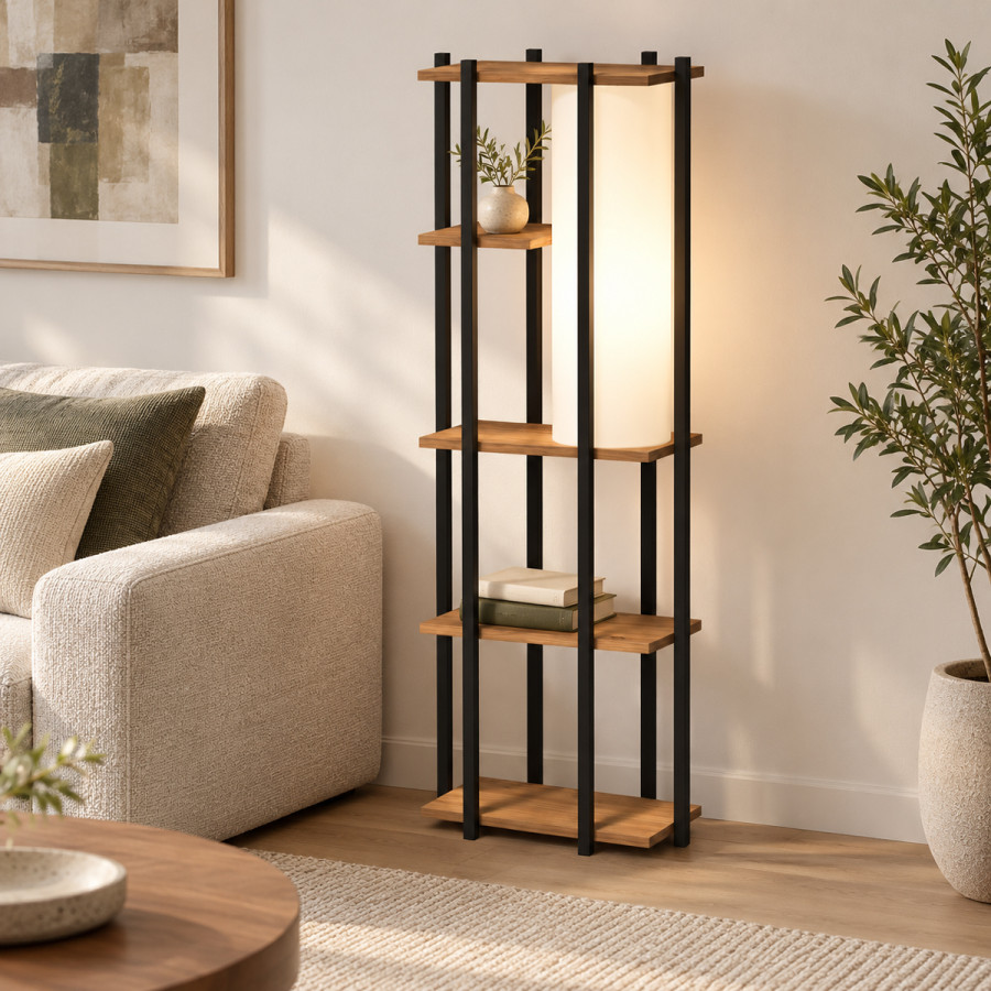 Llamba dyshemeje me rafte Lumna pakoworld OAK me metal të zi 45x24x150cm