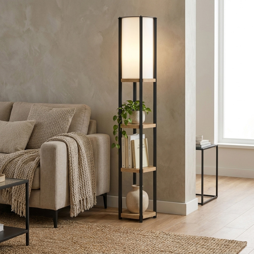Llamba dyshemeje me rafte Starda pakoworld OAK me metal të zi 25x25x150cm