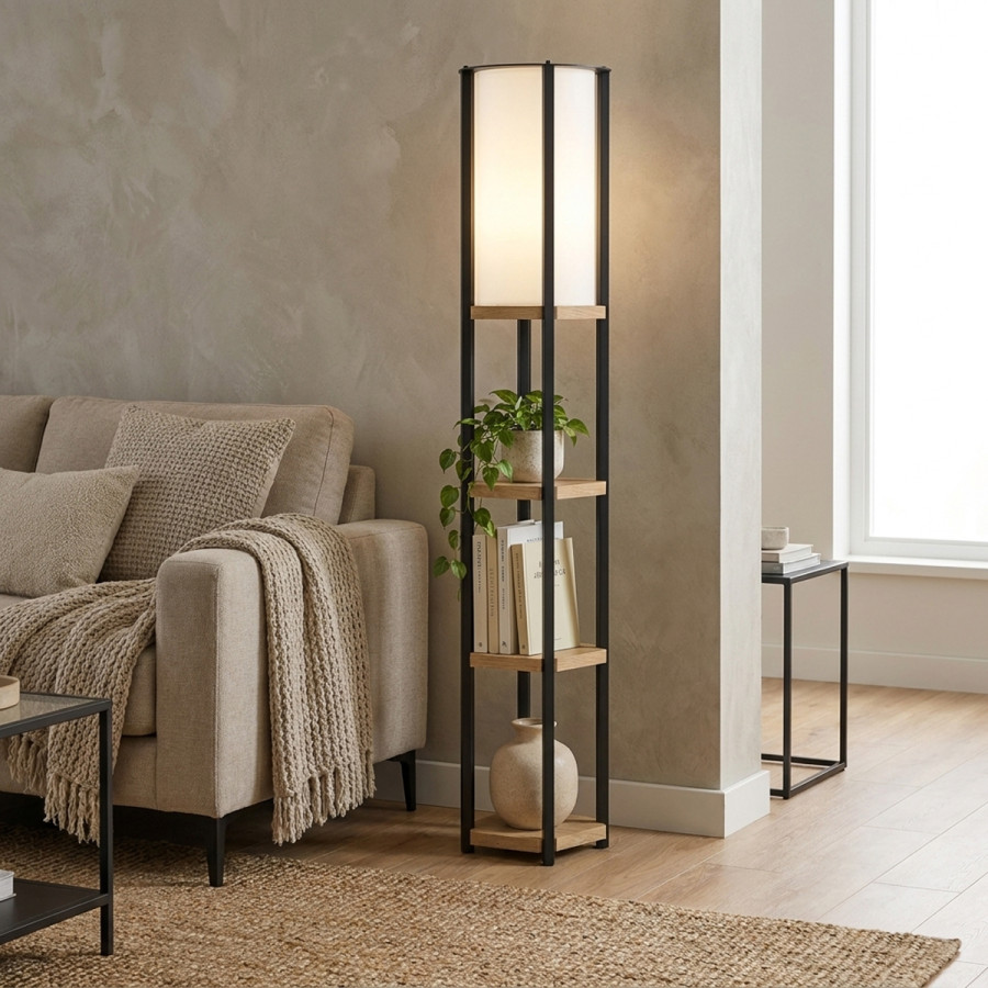 Llamba dyshemeje me rafte Starda pakoworld OAK me metal të zi 25x25x150cm