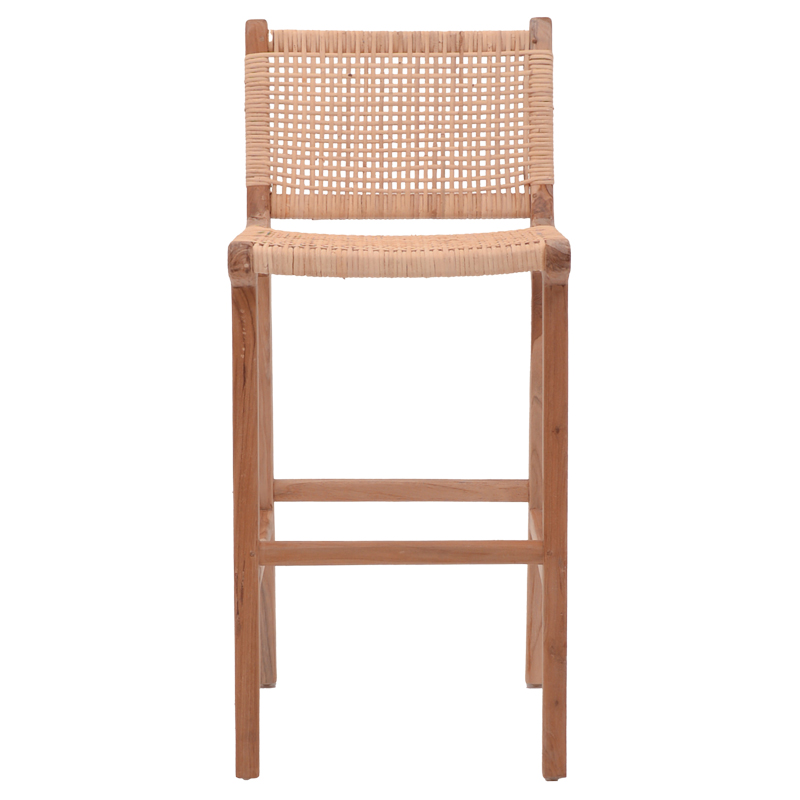 Stol bar me lartësi mesatare Sponze pakoworld skelet druri tik me ngjyrë natyrale dhe rattan natyral 40x47x89cm