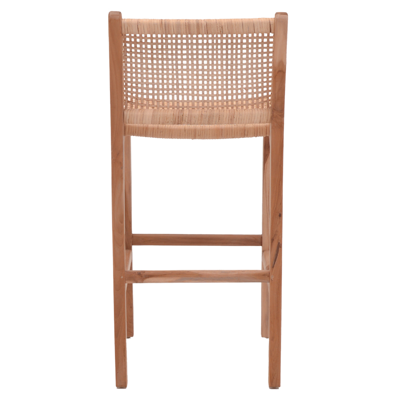 Stol bar me lartësi mesatare Sponze pakoworld skelet druri tik me ngjyrë natyrale dhe rattan natyral 40x47x89cm