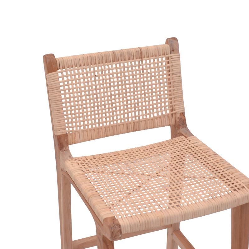 Stol bar me lartësi mesatare Sponze pakoworld skelet druri tik me ngjyrë natyrale dhe rattan natyral 40x47x89cm
