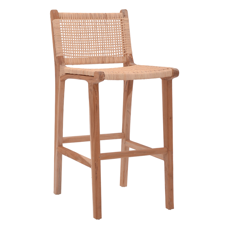 Stol bar me lartësi mesatare Sponze pakoworld skelet druri tik me ngjyrë natyrale dhe rattan natyral 40x47x89cm