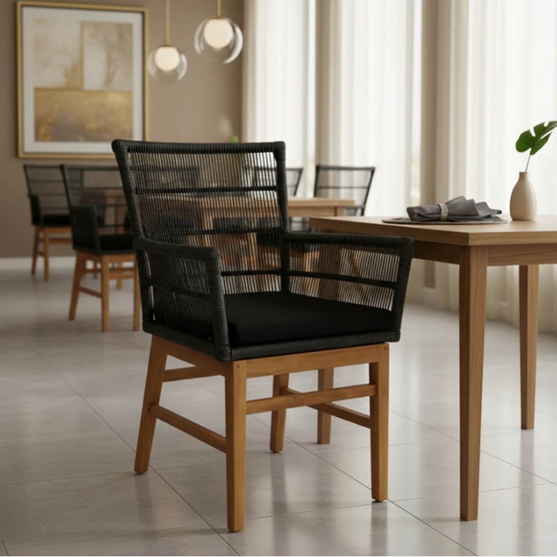 Fotel Inca pakoworld, dru teak dhe litar sintetik në nuancë natyrale-e zezë me jastëk 60x61x90cm