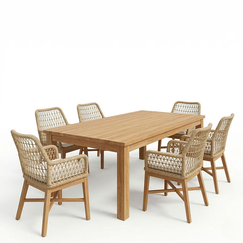 Set ngrënieje 7 copë Elaiza-Wooly pakoworld dru tik në nuancë natyrale-bezhë 220x90x75cm