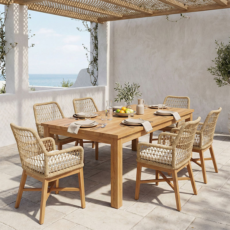 Set ngrënieje 7 copë Elaiza-Wooly pakoworld dru tik në nuancë natyrale-bezhë 220x90x75cm