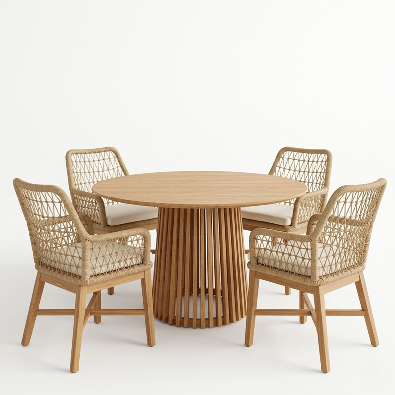 Set ngrënieje Elaiza-Kenda I pakoworld me 5 pjesë, dru tik në nuancë natyrale-bezhë D120x75cm