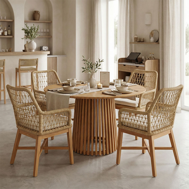 Set ngrënieje Elaiza-Kenda I pakoworld me 5 pjesë, dru tik në nuancë natyrale-bezhë D120x75cm