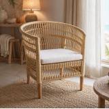 Fotel Necorian pakoworld dru tik dhe pe rattan në ngjyrë natyrale dhe jastëk i bardhë 80x70x87cm