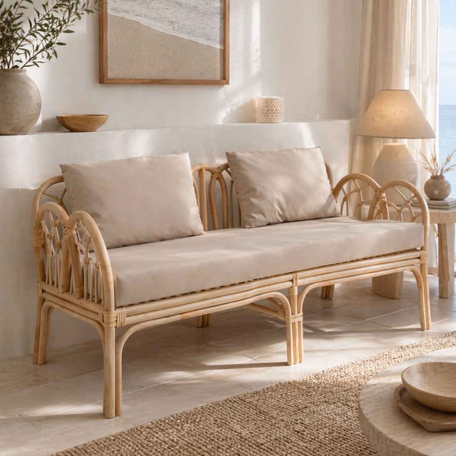 Divan 2-vendësh Ytrone pakoworld rattan ngjyrë natyrale-jastëk bezhë 166x61.5x71cm