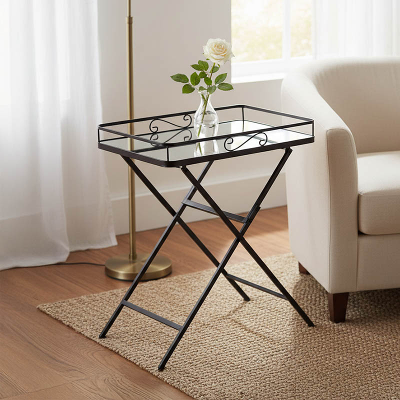 Tavolinë e palosshme Joene Inart metal i zi-xham pasqyrë 60x38x68cm