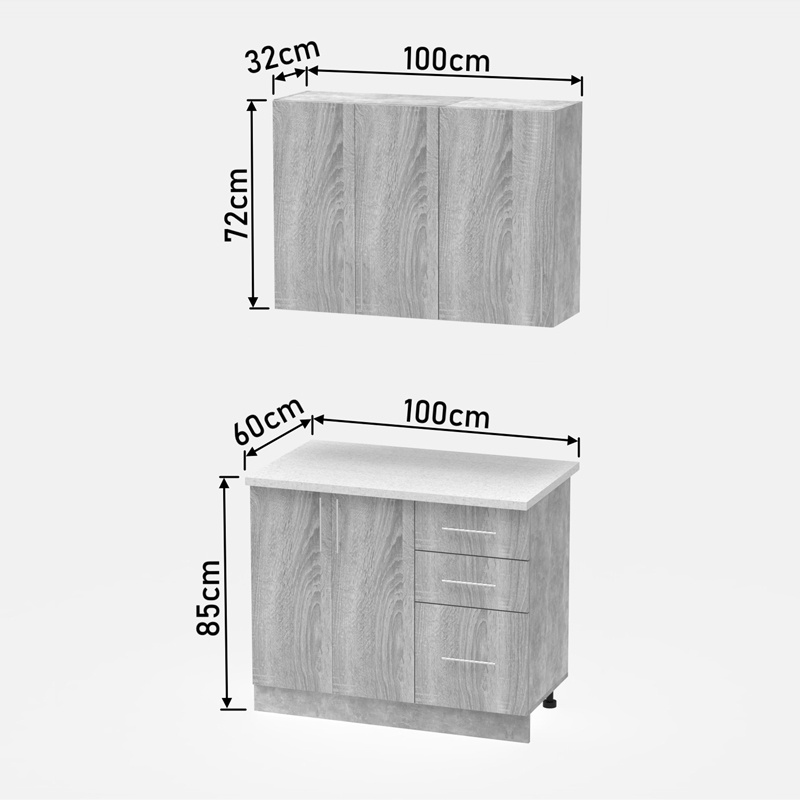 Njësi kuzhine Festa I pakoworld melamine në ngjyrë SONOMA dhe banak kuzhine në ngjyrë gri të lehtë 100x60x85cm