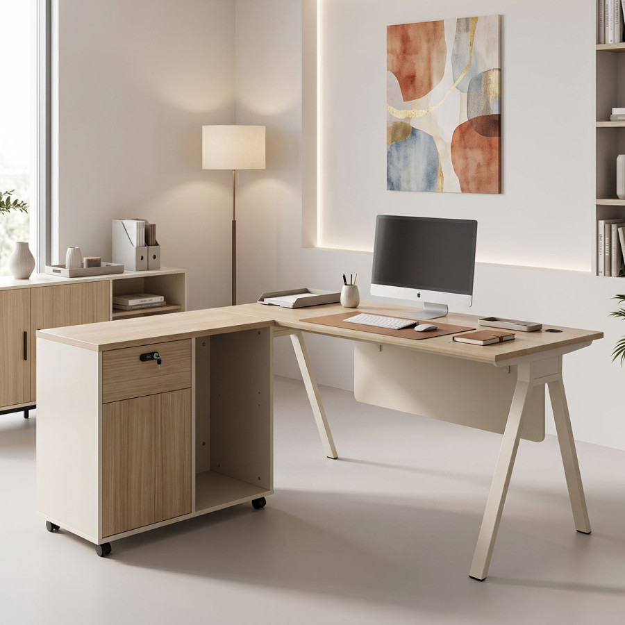 Tavolinë pune profesionale e kthyeshme Stark pakoworld këndore në nuancë lisi-beige 140x150x75 cm