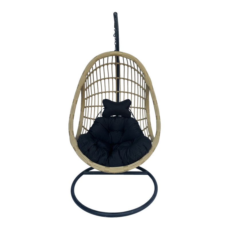 Fole lëkundëse Cungo pakoworld me bazë metalike të zezë - rattan pe bezhë me jastëkë të zinj 125x105x195cm